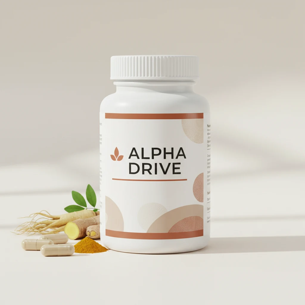 Alpha Drive kosttilskud - hvid rund flaske med blå etiket